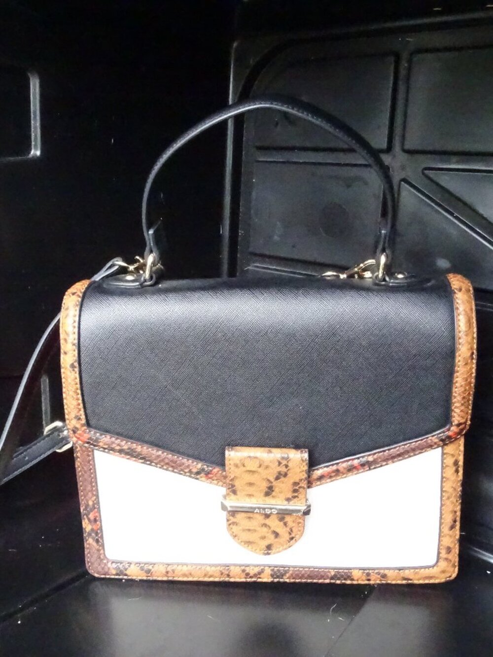 Aldo Black Cream Brown Reptile Print Handbag Red Side Panels Gold Hardware